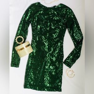 Green Urban planet Long Sleeve Christmas Monk Neck Green Sequin Dress